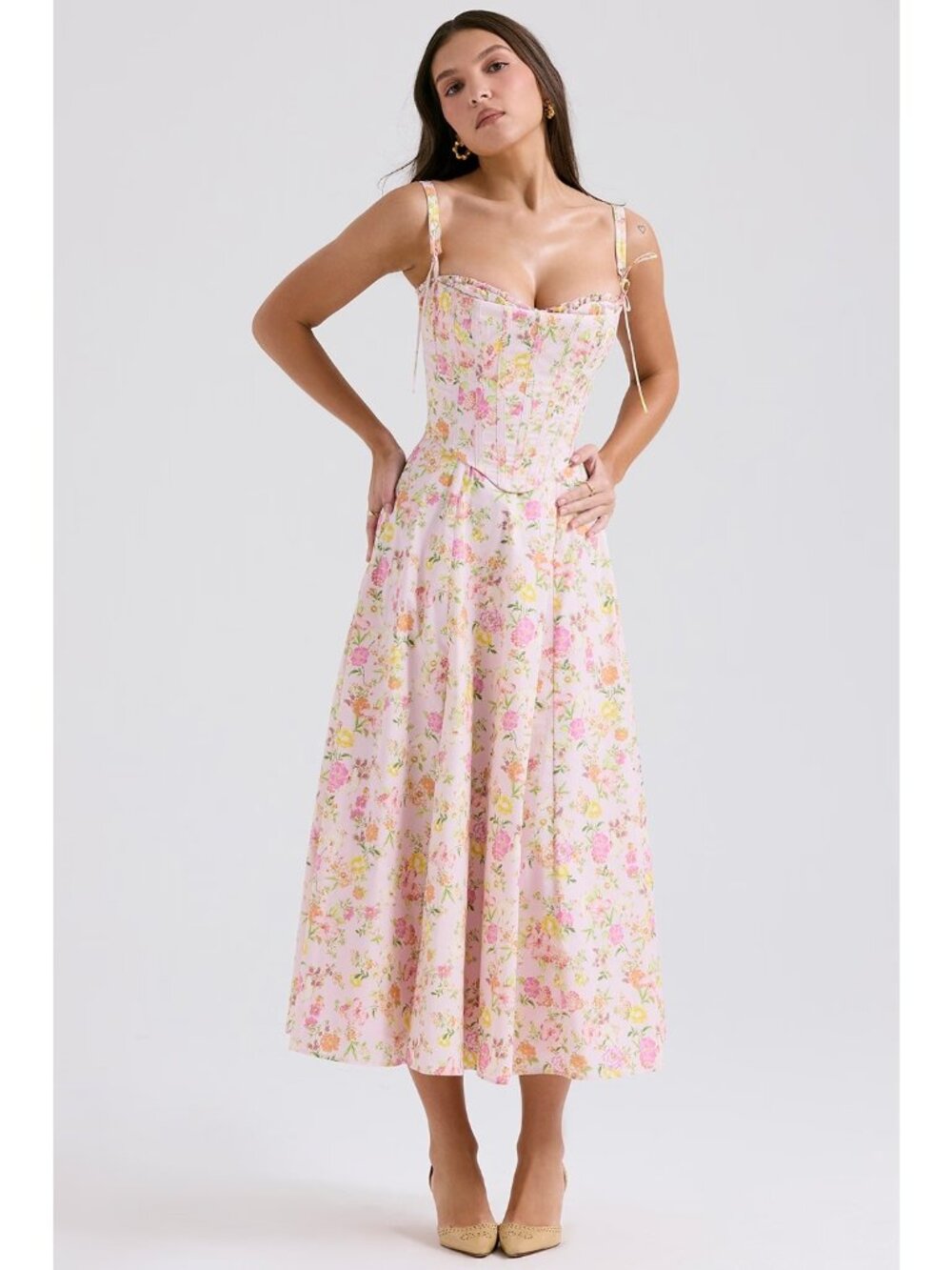 HOUSE OF CB Clarabelle Pink Meadow sundress cotton corset sz M plus size cup